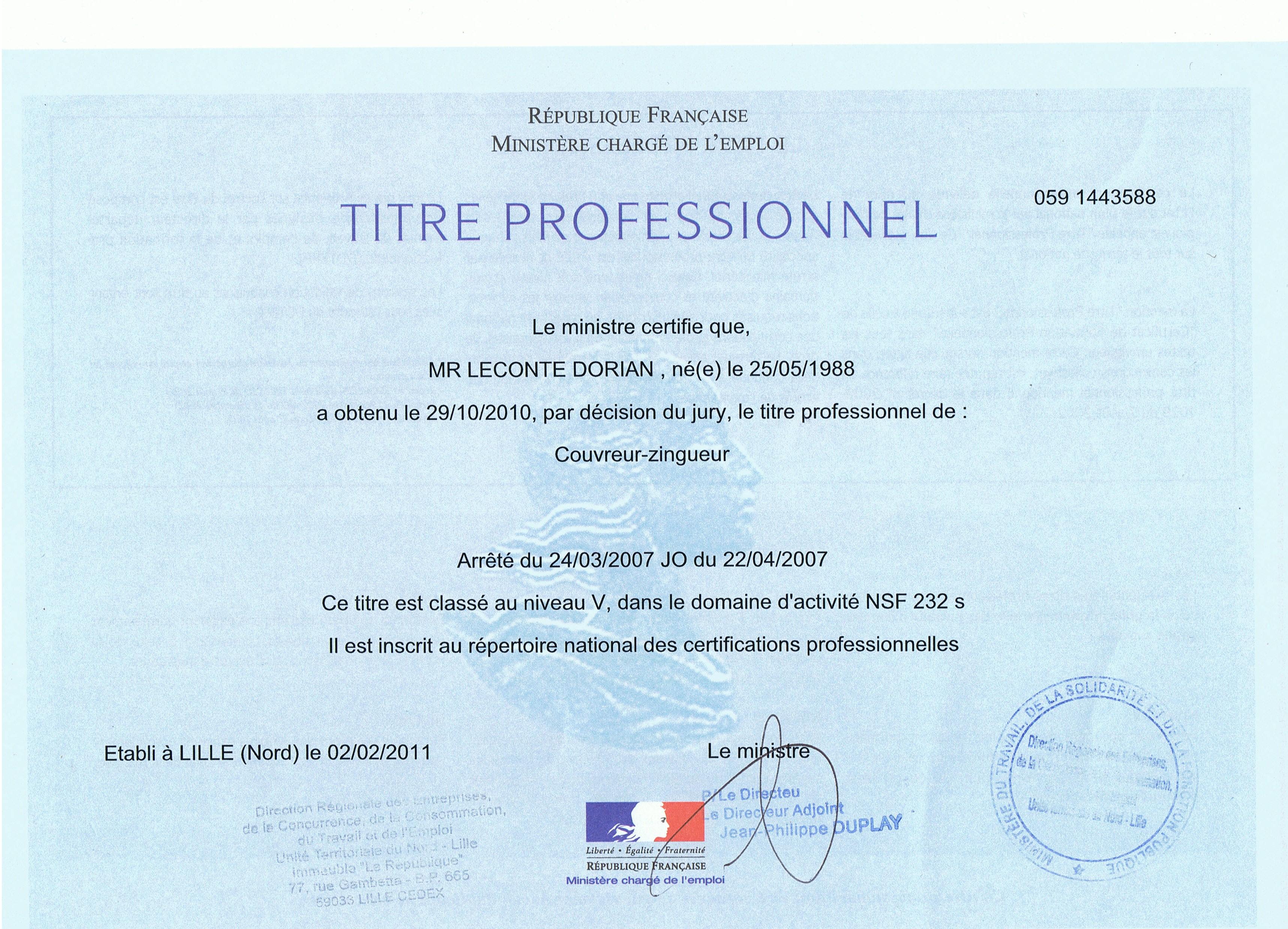 Titre professionnel de couvreur-zingueur de Dorian Leconte
